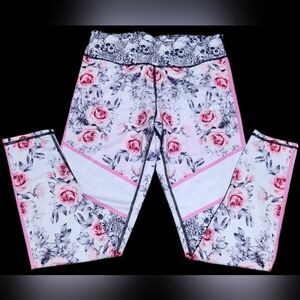Lotus Leggings White Floral Leggings with Pink Roses